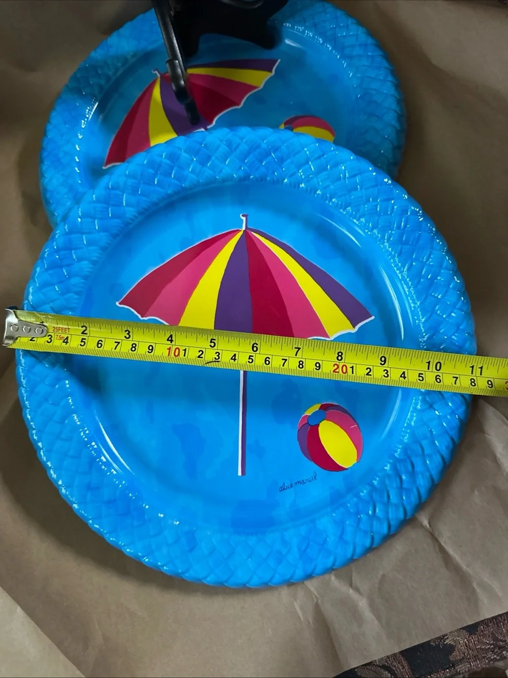 Bright Blue Beach Umbrella beach dinner plastic Plates (Set4) 11”